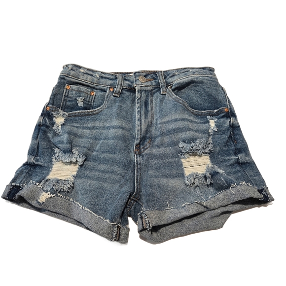 Almost Famous Blue Distressed Jean Shorts High-Waisted (New) - Picture 2 of 5